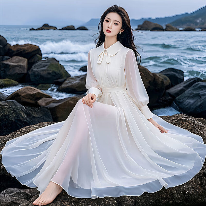 鳶諾時尚法式娃娃領白色雪紡連衣裙女夏氣質(zhì)海邊度假長裙長袖沙灘裙 白色 3XL
