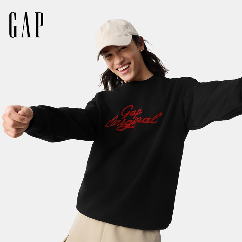 GAP男女装2025春季新款钩织logo圆领卫衣简约百搭休闲上衣721215 黑色 L (175/96A) 亚洲尺码