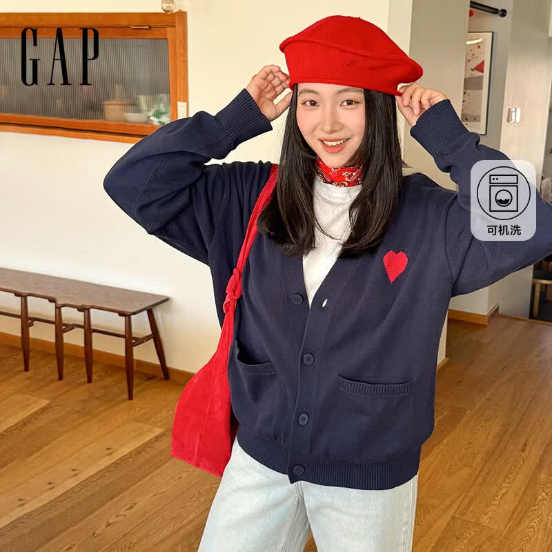 GAP男女装春季款爱心刺绣logo大口袋V领针织开衫上衣723158 海军蓝 XS (165/84A)亚洲尺码