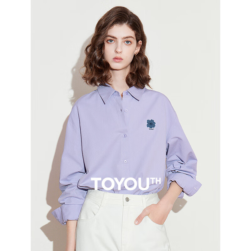 初语纯棉女士衬衫2025秋季新款绣花上衣休闲通勤百搭衬衣 浅紫色 M