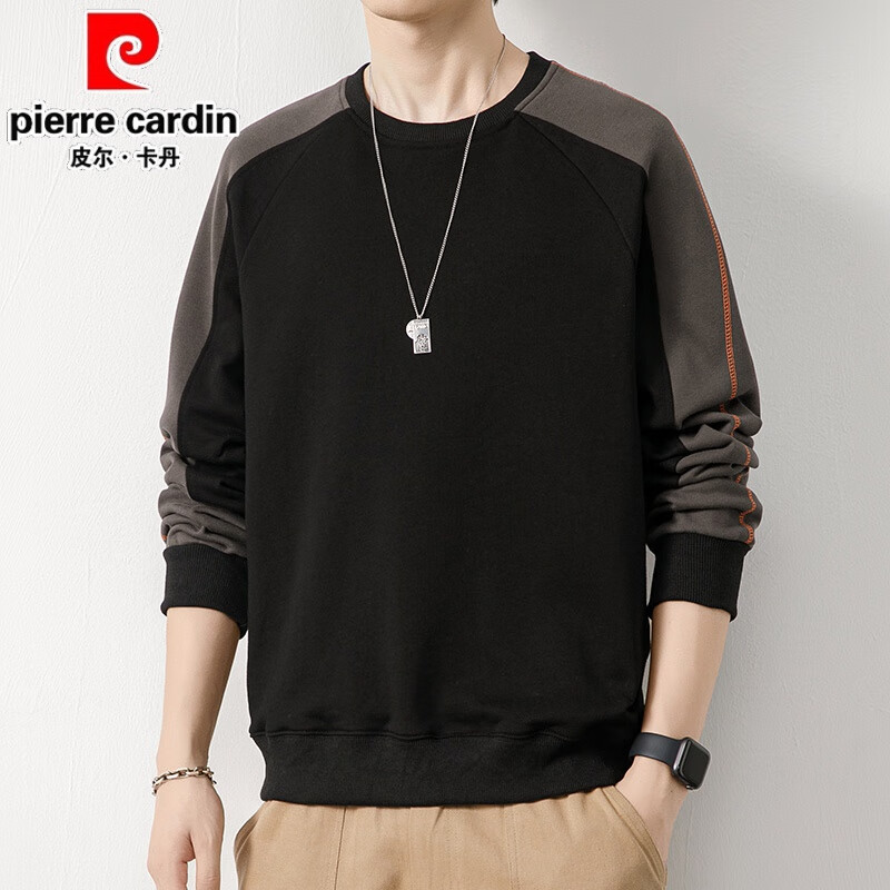 皮尔卡丹（pierre cardin）春季新款潮流撞色卫衣男装秋天圆领上衣t恤男士秋季宽松长袖衫男 黑色 M