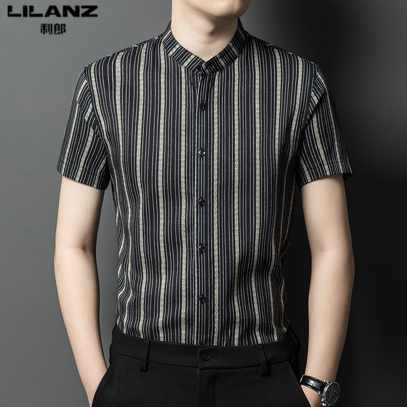 利郎男士短袖襯衫立領(lǐng)純.棉夏季時尚休閑商務(wù)免燙條紋半袖襯衣薄款 黑色 S 165 (體重110-120)