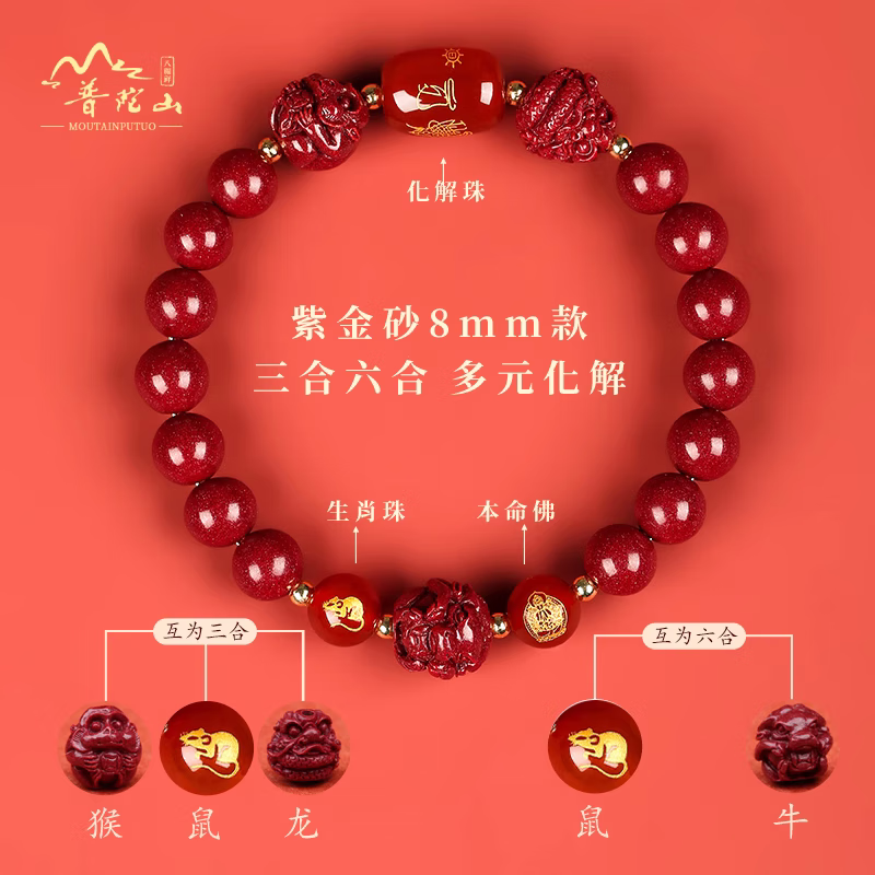 普陀山2025年太岁手链蛇本命年朱砂手串猪虎猴三合六合护身符佛珠 化解转运【生肖虎】兼顾三合六合 8MM【师傅指导】普陀山直发