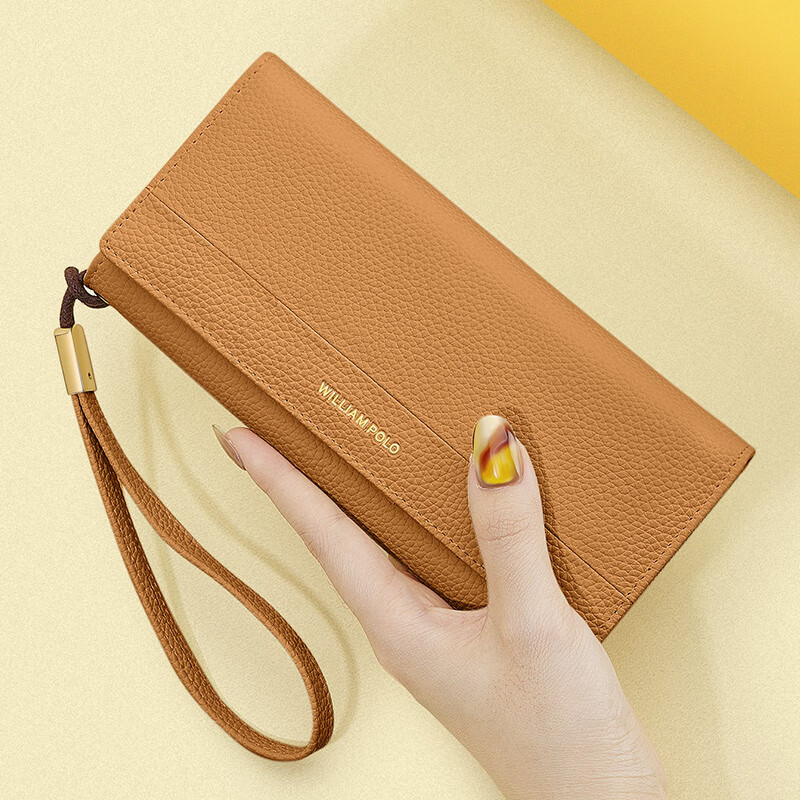 英伦保罗真皮女士钱包女款2026新款长款钱夹大容量现金高级感卡包生日礼物 橘黄