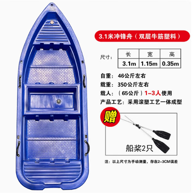 塑料漁船牛筋釣魚船加厚捕魚小船沖鋒舟艇雙層打撈釣魚養(yǎng)殖下網(wǎng)船 雙層加厚3.1米沖