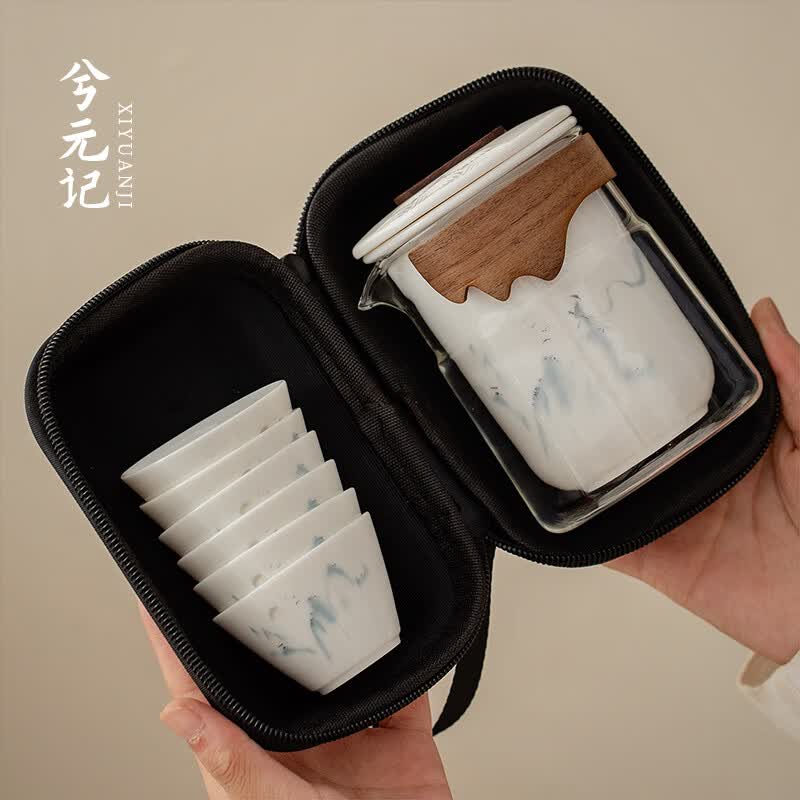 兮元记羊脂玉瓷一览众山小旅行茶具套装便携一壶六杯快客杯泡茶功夫茶具 一览众山小快客杯-1壶6杯