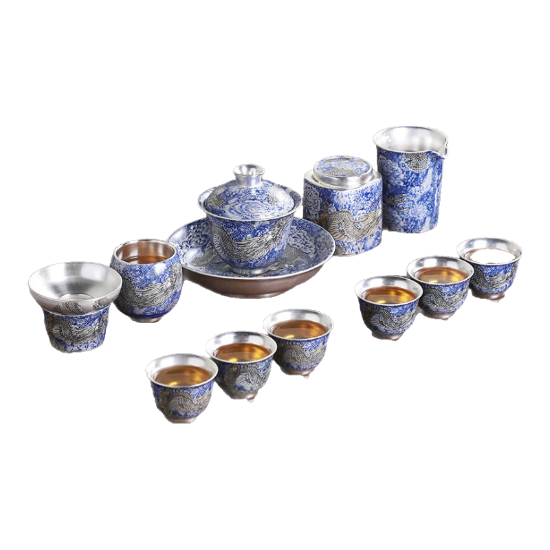甲牛真銀鎏銀高端銀上作畫蓋碗茶壺茶杯陶瓷功夫茶具套裝商務(wù)喬遷送禮 全鎏銀青龍銀上作畫12頭-禮盒裝