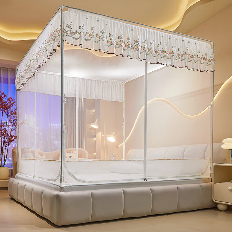 罗曼卡尼防摔蚊帐T+U床笠式外穿杆坐床式三开门回底加密帐纱蚊帐 6626雪白【加密帐纱】 200*220【自连接支架】