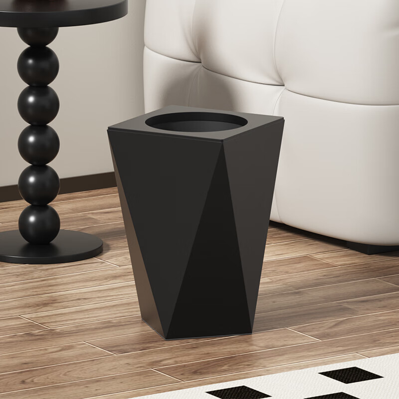 科灵创意菱形垃圾桶家用客厅卧室卫生间厕所高档酒店商用纸篓多边无盖 【2025新升级木纹压圈】 质感黑/ 木纹压圈款- 10L