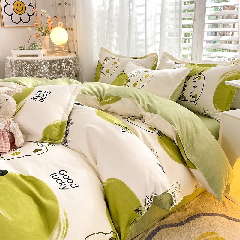 软贝 小清新四件套 透气亲肤 印花卡通简约田园套件被套床单床上用品 青苹果 床单款 2.0m四件套(被套200*230cm