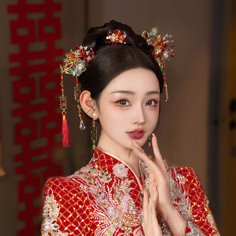 締晶新娘秀禾頭飾金色鳳冠中式結婚古裝流蘇發(fā)飾秀禾服配飾大氣飾品 F1559花田喜事秀禾發(fā)飾套裝