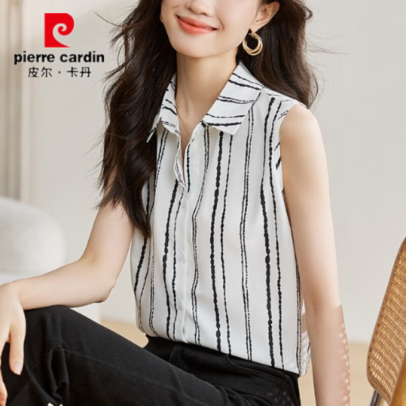 皮爾卡丹無袖襯衫女條紋襯衣感疊穿上衣襯衣領(lǐng)打底衫女西服內(nèi)搭配毛衣 圖片色 L 建議106-115斤