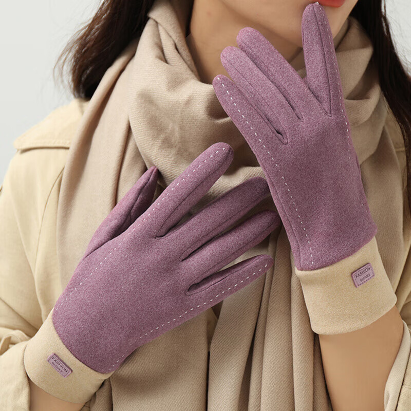 达芬奇密码 保暖手套女秋冬季可触屏加绒保暖防风防寒冬天开车 白线 香芋紫 均码