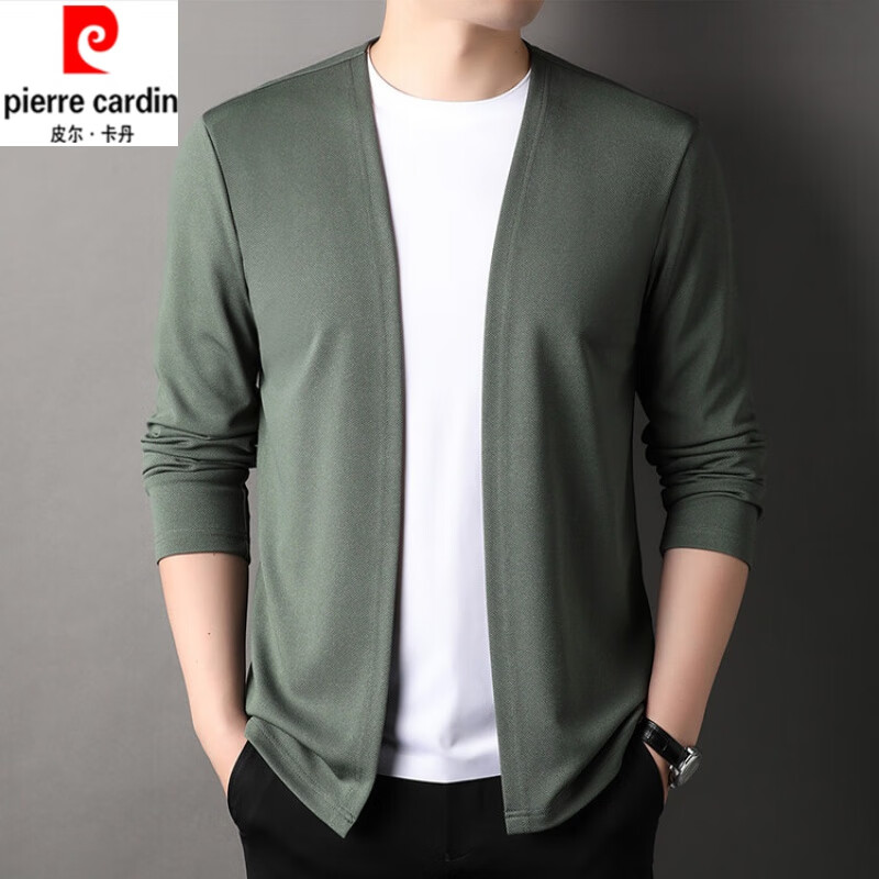 皮尔卡丹春秋季纯色开衫男士潮流针织衫外穿中青年休闲宽松薄款披肩外套男 杏色7686 XL 175【建议130至148斤】