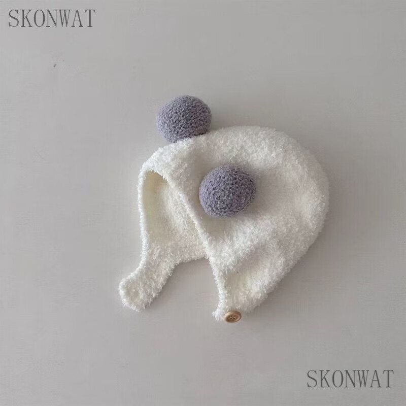 SKONWAT婴儿帽子秋冬季小月龄可爱超萌保暖男女宝宝护耳毛绒套头帽纯色潮 球球-奶白色