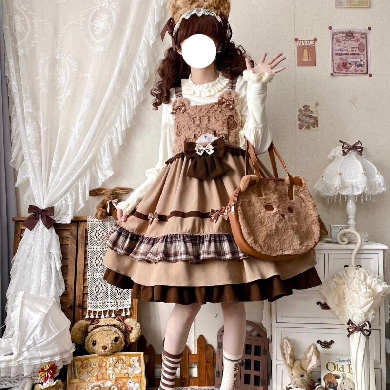 閃動少女（SHANDONGSHAONV）洛麗塔lolita原創(chuàng)春秋lolita可愛背帶蝴蝶結(jié)小熊jsk日系lo蘿莉塔 小熊糕jsk背帶裙 L