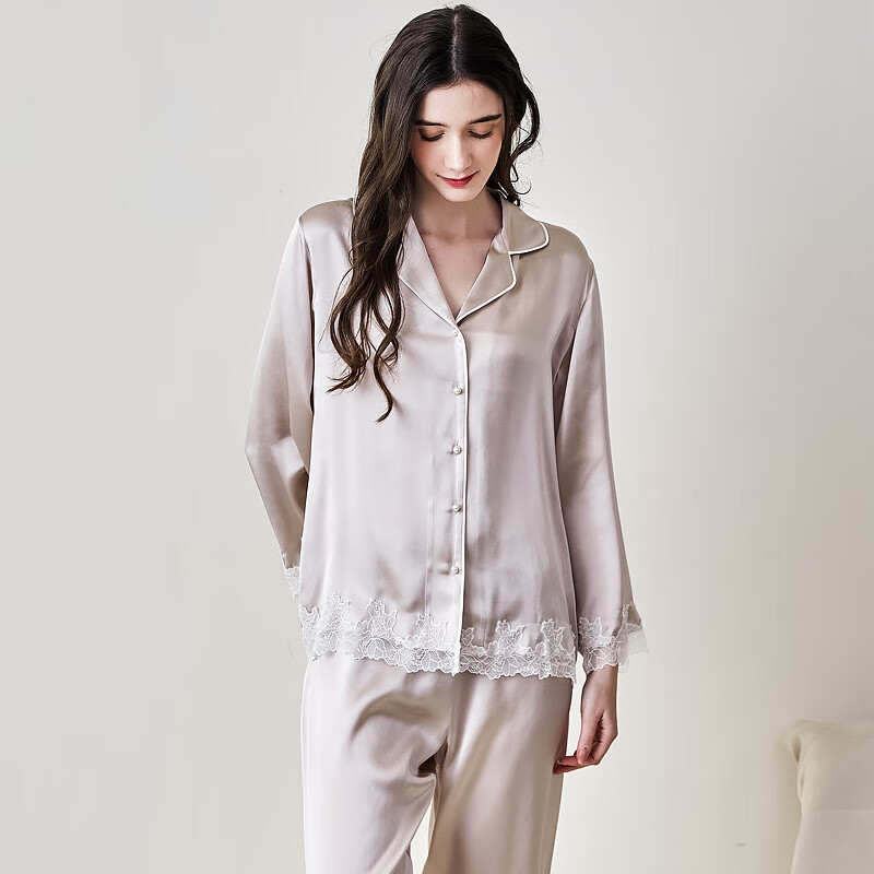 江南故事真丝睡衣女100%桑蚕丝可外穿减龄长袖睡衣套装送女友老婆礼物 香槟色【高档礼盒】 M