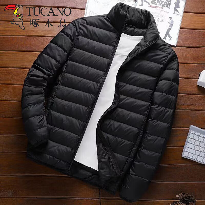 啄木鸟轻薄羽绒服男秋冬季款外套男连帽情侣加绒保暖袄子冬装上衣服男装 1806黑色【立领款】 2XL （140-160斤）