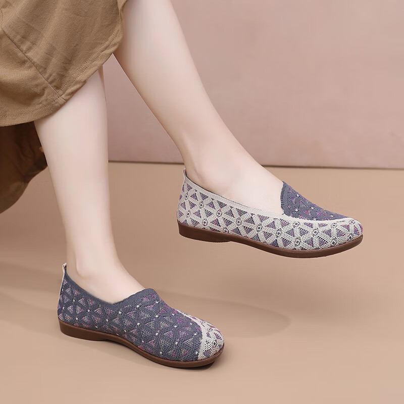 意迪森正宗老北京布鞋女春秋新款飞织鞋面透气不捂脚艾草鞋垫舒适减震款 灰色 35 (225mm)