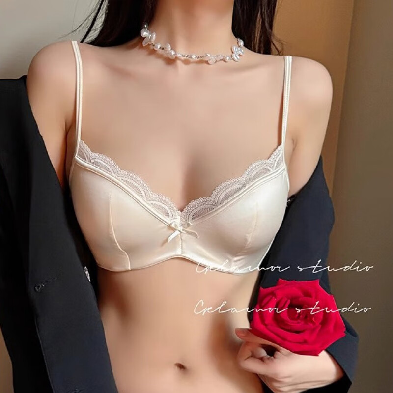 维多利亚的秘法式薄款内衣女大胸显小性感纯欲蕾丝缎面防下垂聚拢显瘦文胸套装 性感的秘密香槟【单件】 S码【32/70 BC】