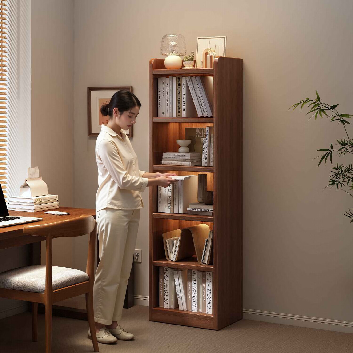 慕加实木书架落地置物架书房家用收纳架客厅墙角储物柜子窄柜多层书柜 【新配色-胡桃色】实木六层70cm