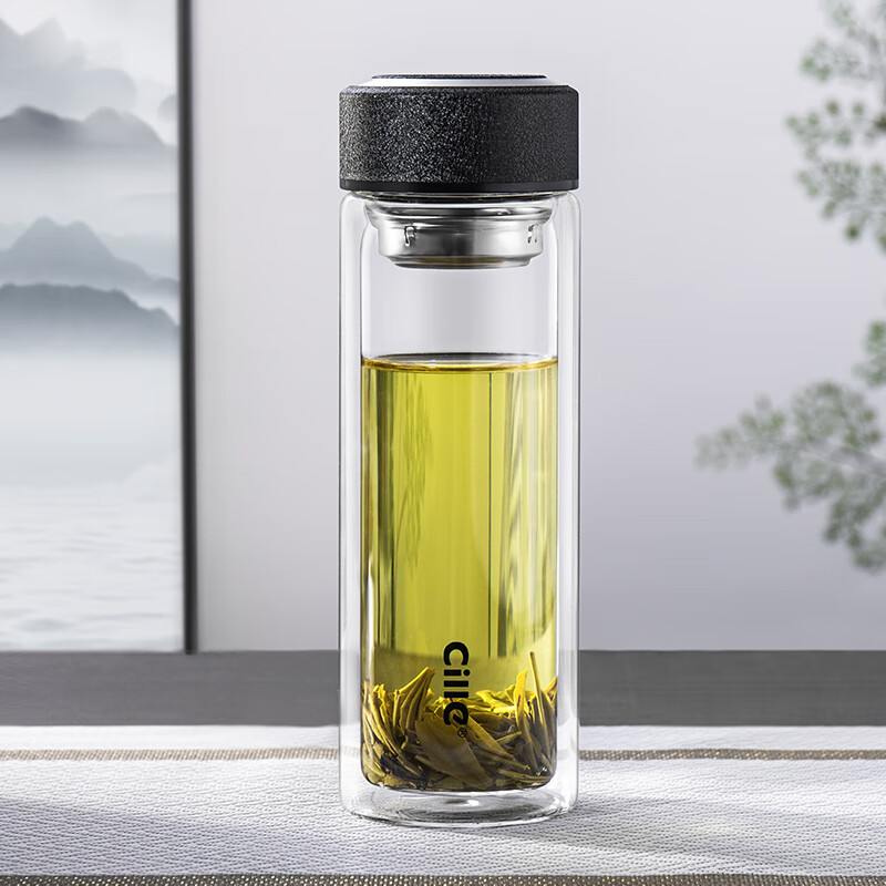 希乐双层玻璃杯男款家用泡茶杯加厚隔热便携杯子大容量办公室水杯 【双层玻璃】黑色380ml
