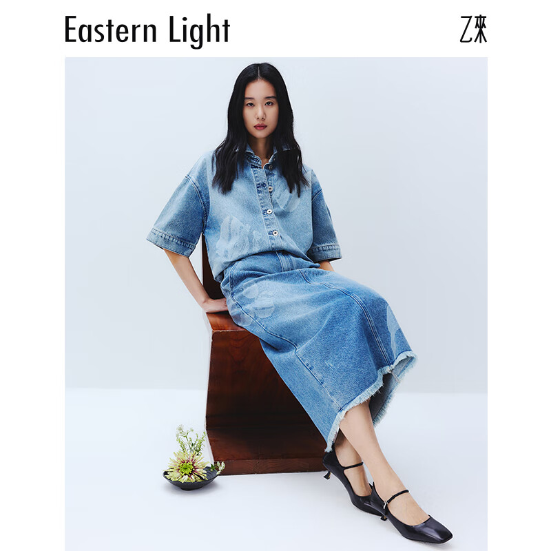 乙来（EASTERN LIGHT）【土耳其纯棉斜纹牛仔】鸢尾水洗牛仔衬衫短袖外套套装 水洗蓝-上衣 S