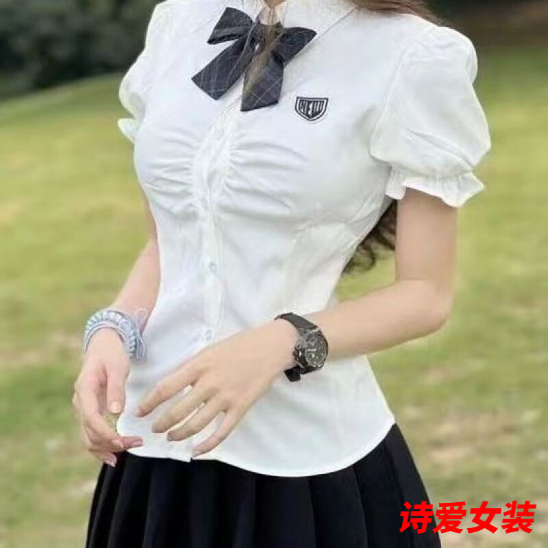 咚憬短袖修身收腰襯衫辣妹純欲學(xué)院風(fēng)套裝泡泡袖綁帶收腰美式襯衣女 白襯衫 S