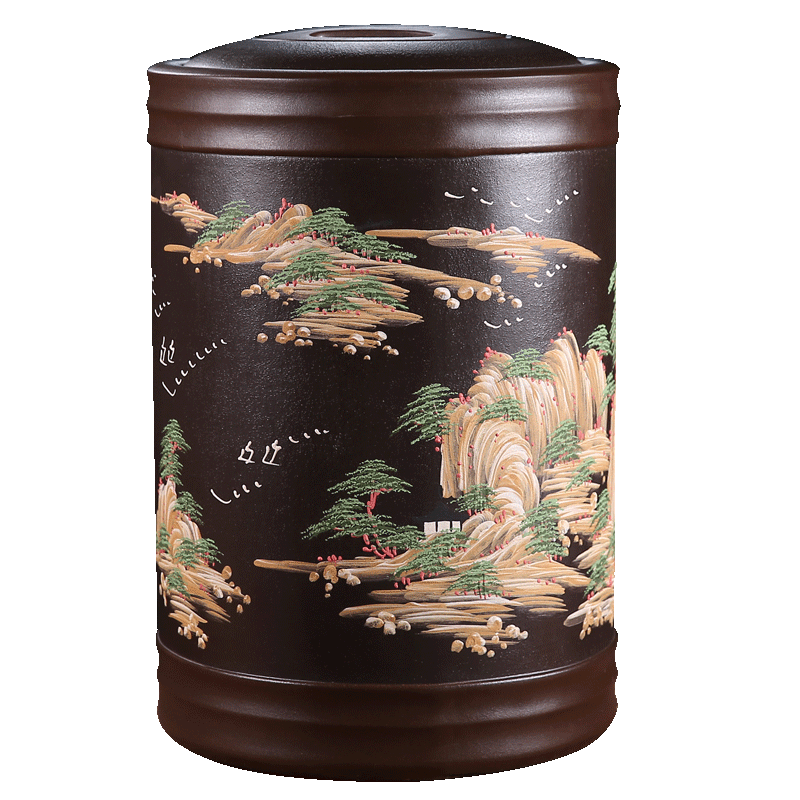 江湖茶人 宜興紫砂茶葉罐大號儲茶罐普洱茶餅缸儲存罐密封存茶缸茶葉盒 竹節(jié)【泥繪】23餅/綠山水+底座