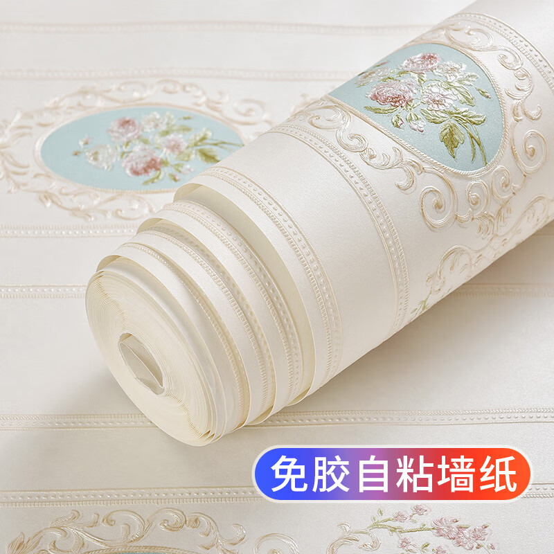 滬達墻紙 自粘墻紙美式鄉(xiāng)村復(fù)古田園風(fēng)格小碎花臥室客廳輕奢景墻壁紙 3米【自粘版】米白條紋