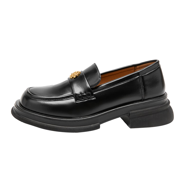 西遇山茶花乐福鞋女2025春季新款英伦一脚蹬豆豆鞋黑色厚底小皮鞋 黑色 35