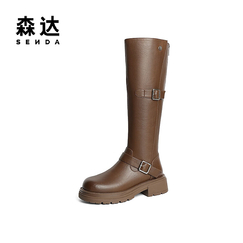 森达骑士靴女款2024冬新机车风皮带扣潮流休闲长筒靴ZTE59DG4 棕色ZTE33DC4 36