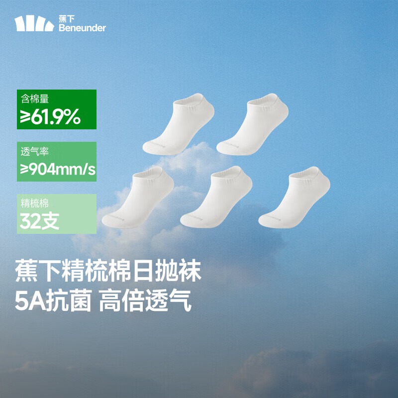蕉下（beneunder）日抛袜男短袜棉质防臭吸汗透气运动女短筒袜夏薄款一次性袜子 沁柔白 5双 S