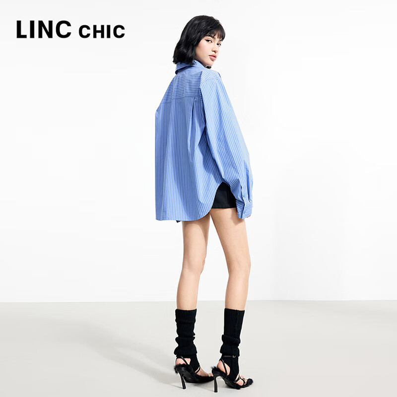 金羽杰2025年春季新品轻奢长袖竖条纹衬衫女士中长款宽松衬衣S251SH093Y 高街蓝条 L 适合150斤以下
