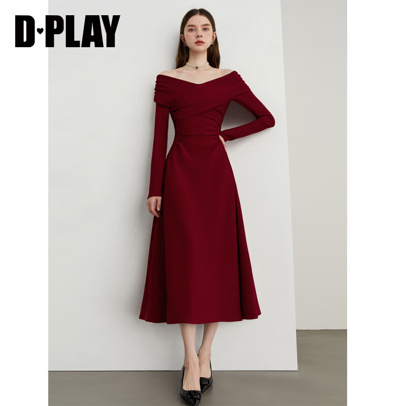 DPLAY2025春季腰精裙法式氣質(zhì)紅色連衣裙訂婚禮服裙露肩長裙女 安可拉紅 M