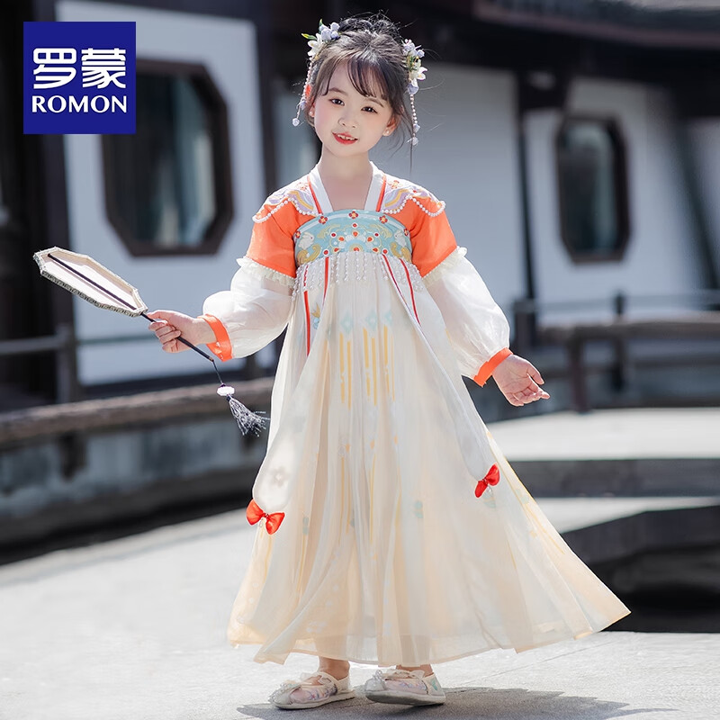 罗蒙儿童中国风原创齐胸襦裙2026款唐装女童汉服夏季毕业演出服 HQ1191黄色襦裙 110
