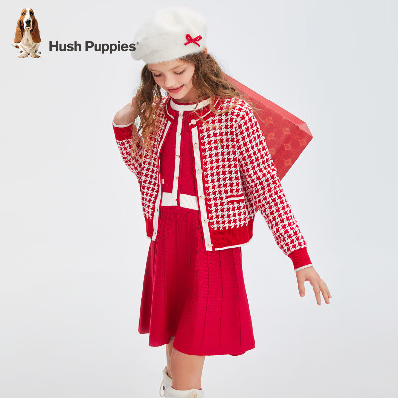 暇步士(Hush Puppies)【经典款】童装儿童女童冬季新款舒适小香风气质开身线衣 珊瑚红 120