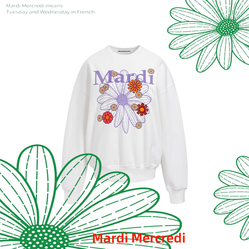 OEING&amp;mardi官方直营mardi卫衣小雏菊男女秋冬加绒薄款董洁印花刺绣 白色金高银印花国内现货 均码