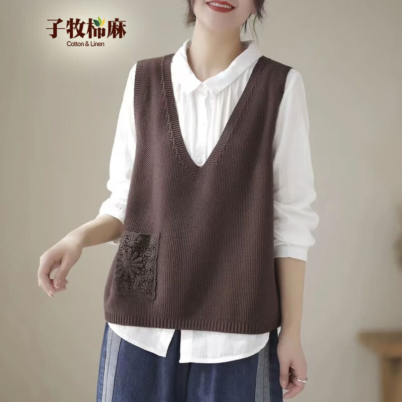 子牧棉麻秋装 女韩版背心外穿V领针织镂空马甲宽松纯色坎夹上衣2312 咖啡色 均码 （建议90-145斤）