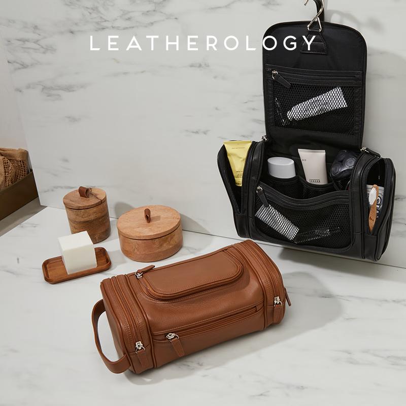 LEATHEROLOGY牛皮可挂式洗漱包男旅行收纳袋便携大容量手提化妆包定制老师礼物 玛瑙黑L号