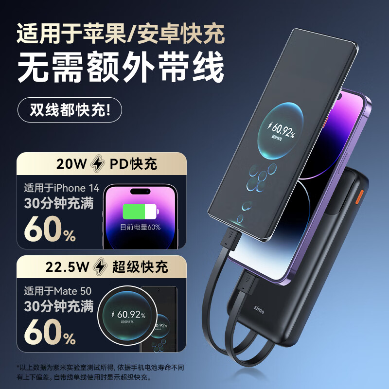 紫米3c认证充电宝自带线20000毫安大容量可上飞机22.5W超级快充苹果PD20W小巧便携适用华为小米手机 【20000mAh】自带线22.5W快充|白