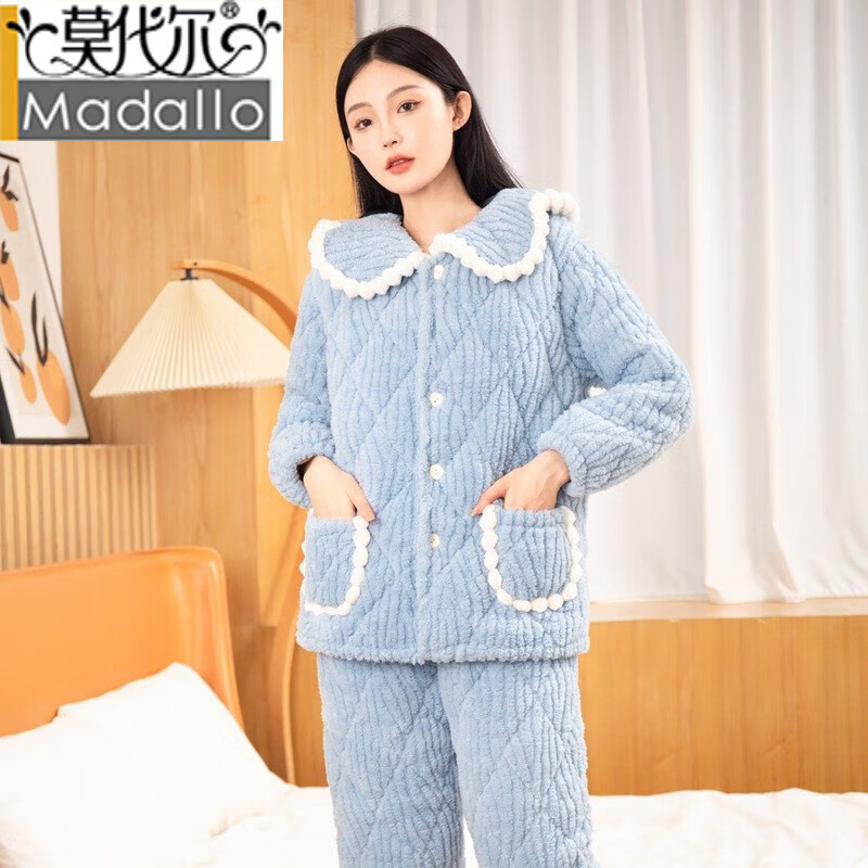 莫代爾湖北湖南省省服子裝母女秋冬睡衣加絨加厚三層夾棉家居服兩件套 水藍(lán)水波紋娃娃領(lǐng) M 8碼(建議身高80-90C)