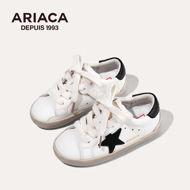Ariaca艾芮蘇兒童運(yùn)動鞋春季新款小白鞋真皮板鞋男女童鞋子小臟鞋學(xué)生鞋 白黑色 （35碼以上是系鞋帶的） 35 內(nèi)長22.2/適合腳長21.2-21.6