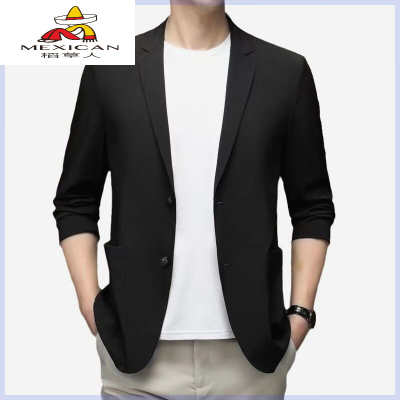 稻草人（MEXICAN）春季休閑西裝男薄外套男士防曬服男款冰絲感男生秋季西服商務(wù) C59I黑色 6XL