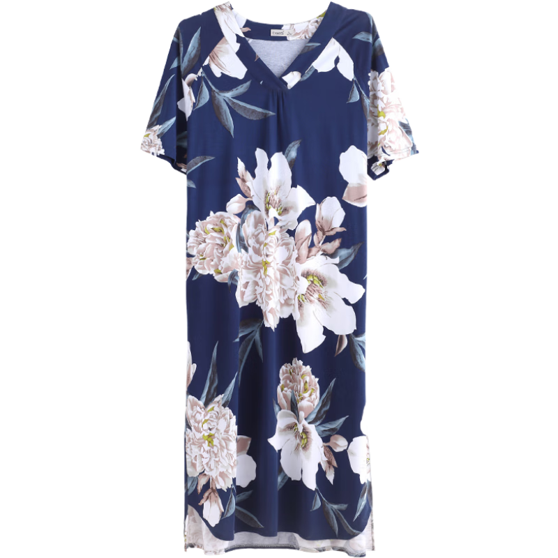 達(dá)爾麗睡裙女夏季純棉睡衣短袖V領(lǐng)寬松家居服優(yōu)雅牡丹印花國潮長(zhǎng)款可外穿連衣裙 藍(lán)色T8202201-031 L 【建議體重100-120斤】