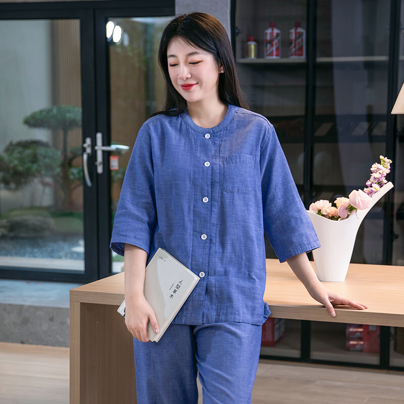 宜色家纯棉双层棉纱织60支睡衣男女士100%全棉春秋长袖可外穿纱布家居服 女款-蓝素色 M （女110斤）或（男140斤）