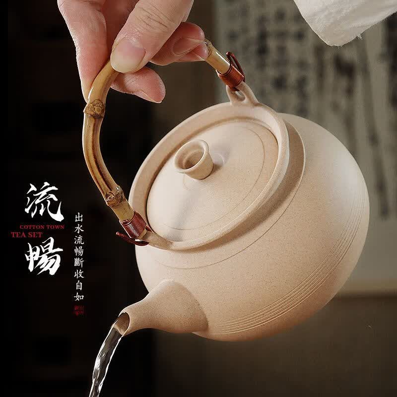 棉小城素烧白泥小高炭炉煮茶炉潮州煮茶壶侧把提梁壶禅意茶艺煮水砂铫壶 单壶【500ml小号素简侧把壶】