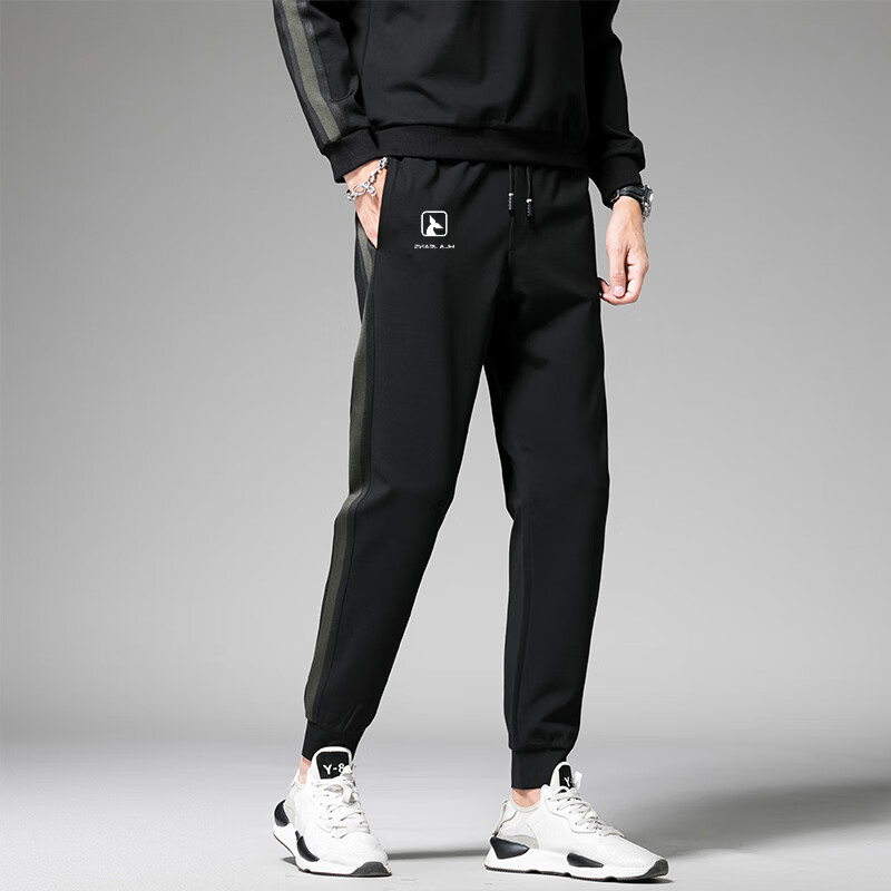 黑鲸运动裤男春秋薄款束脚裤潮牌裤子卫裤 黑色 2XL