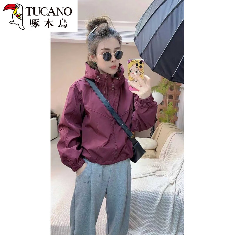 啄木鸟冲锋.衣女春秋季款短款外套运动小个子2025新款洋气夹克女士上衣 酒红色 L 建议120-135斤