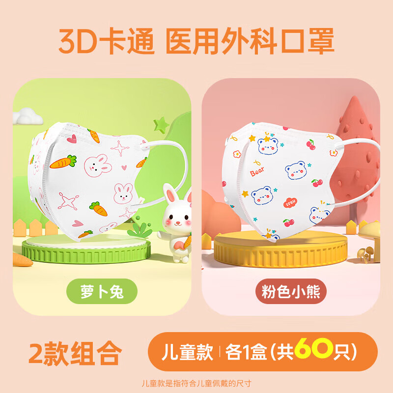超亚儿童款3D立体口罩医用外科级一次性婴幼儿宝宝0-9岁学生防尘保暖 【3-6岁】萝卜兔+粉色小熊【60只独立装】